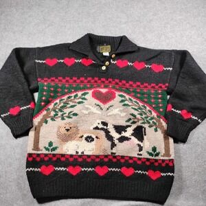 South Wool Hand Knitted Virgin Wool Sweater Vintage Cow Lion Hearts Black Large